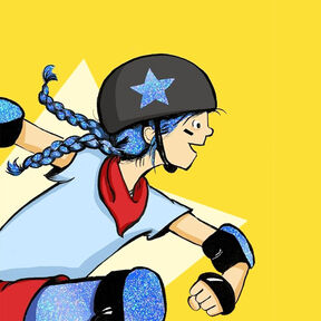 An illustration of a girl wearing a helmet with a star on it and elbow pads grinning while racing on roller skates, from the front cover of Roller Girl