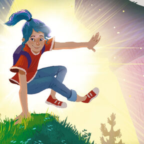 An illustration of a girl with a blue ponytail leaping over a grassy hill with one hand on the ground and her other hand and feet in the air, with a glowing light in the background. The image is from the front cover of The Thing About Giants