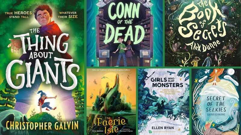 The front covers of The Thing About Giants, Conn of the Dead, The Book of Secrets, Faerie Isle, Girls Who Slay Monsters, and Secret of the Selkies