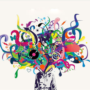 An illustration from the front cover of Orangeboy - a teenager in a hoodie; in place of their head are colourful swirls, records, hearts, a record and rainbows