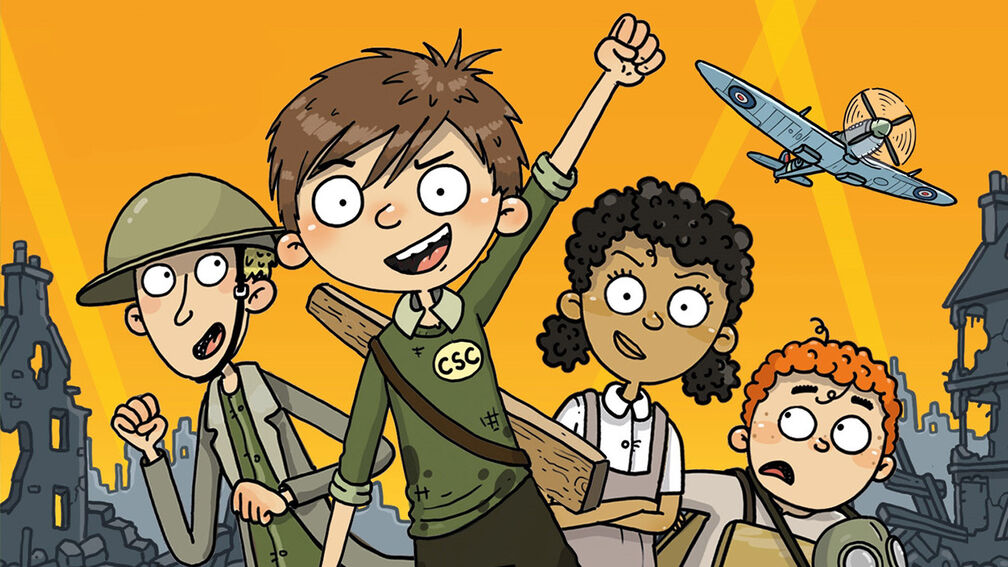 An illustration from the front cover of Tales of the Cobb Street Commandos - a cartoon-style image of four children during the Second World War, with a leader in front sticking their arm in the air and the others grinning or looking slightly concerned as a plane flies above them and bombed out buildings surround them