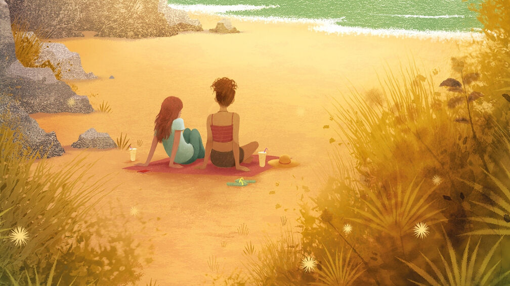 An illustration from the front cover of Pearl Beach - two young people seen from behind, sitting on a beach towel on a beach with drinks next ot them, looking out towards the sea