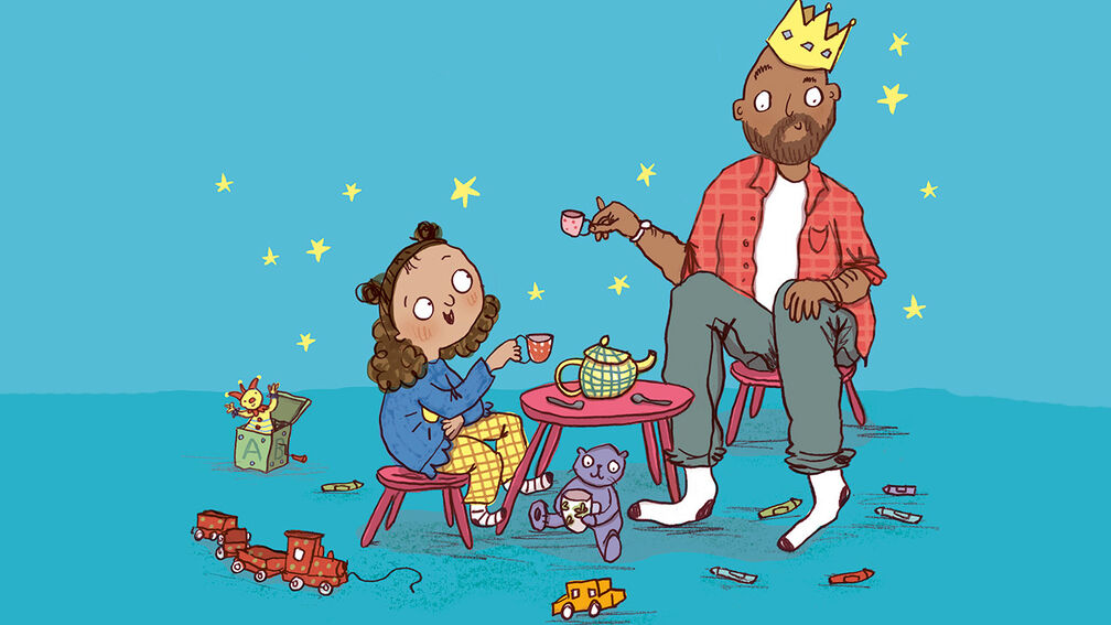 An illustration of a child and an adult wearing a crown and sitting on a child's chair enjoying a tea party together, from the front cover of Things To Teach Your Grown-Up