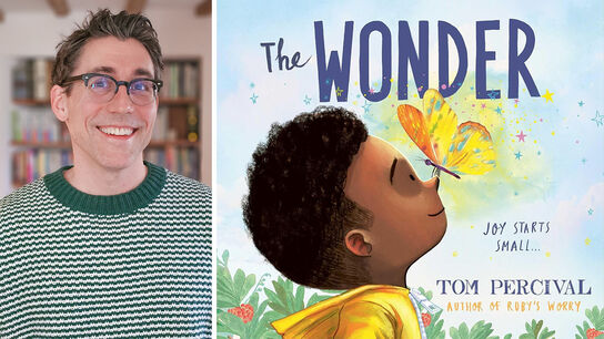 A photo of Tom Percival smiling and the front cover of his book The Wonder