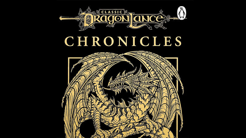 A portion of the 40th anniversary edition of the Dragonlance Chronicles, featuring an illustration of a dragon perched on a branch with its wings pointing up in the air