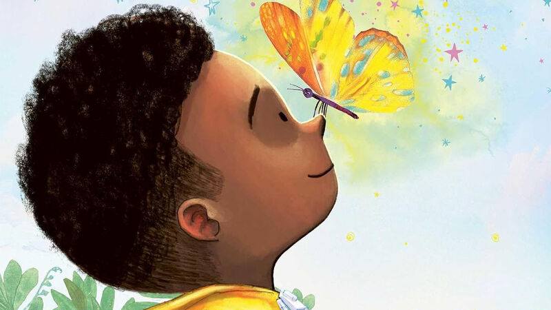 An illustration from the front cover of The Wonder - a child smiling and looking up as a butterfly perches on the tip of his nose.