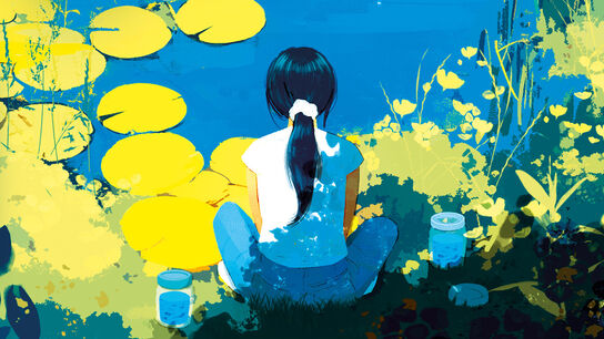 An illustration from the front cover of Tadpole Summer - a girl sitting on the edge of a pond with lilies and other plants. Jam jars sit either side of the girl, who we see from behind.