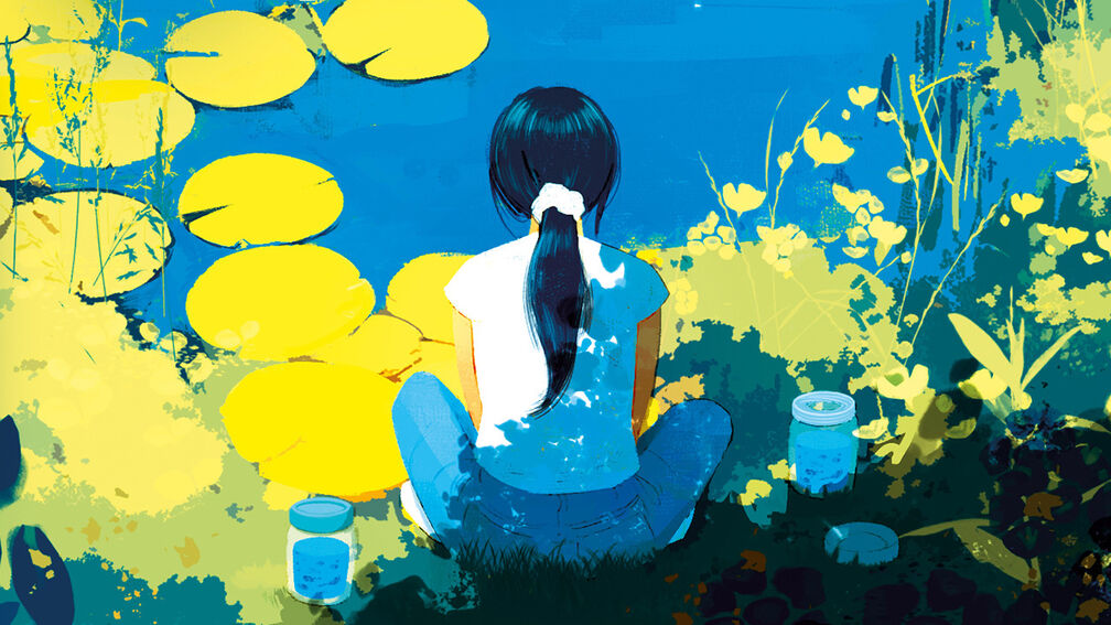 An illustration from the front cover of Tadpole Summer - a girl sitting on the edge of a pond with lilies and other plants. Jam jars sit either side of the girl, who we see from behind.