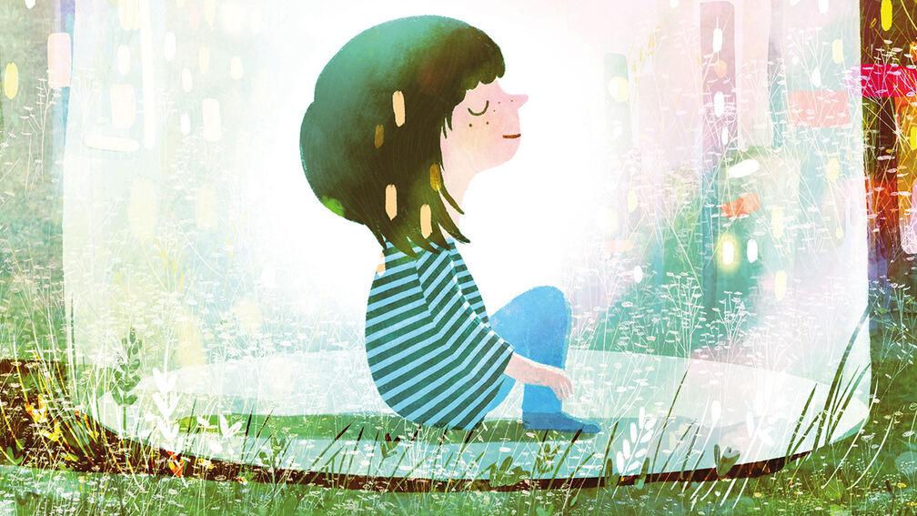 An illustration from the front cover of The Sound of a Smile - a child sitting in a glass jar looking calm with their eyes shut, surrounded by grass and a cityscape