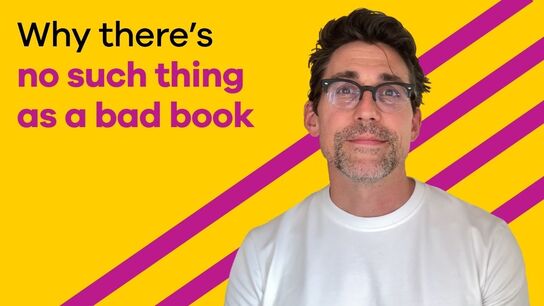 A photo of Tom Percival smiling and the words: "Why there's no such thing as a bad book"
