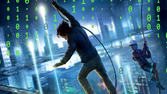 An illustration from the front cover of Zero Override - two young people on ropes abseiling from buildings with a cityscape in the background and binary code surrounding them