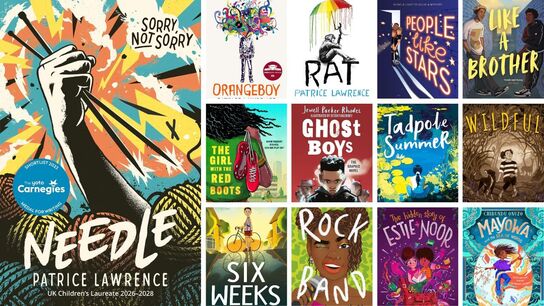 The front covers of Needle, Orangeboy, Rat, People Like Stars, Like a Brother, The Girl with the Red Boots, Ghost Boys, Tadpole Summer, Wildful, Six Weeks, Rock Band: Music and Misfits, The Hidden Story of Estie Noor, and Mayowa and the Sea of Words