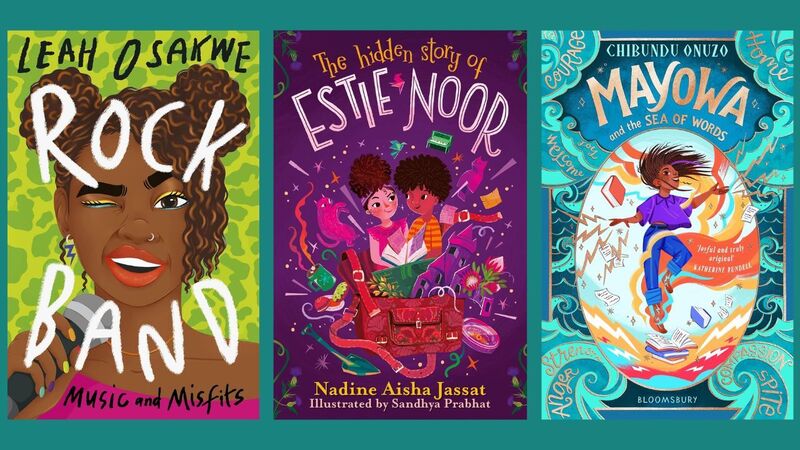 The front covers of Rock Band: Music and Misfits, The Hidden Story of Estie Noor, and Mayowa and the Sea of Words