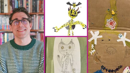 A photo of Tom Percival and the three winning drawings of his competition.