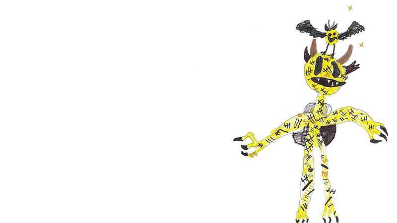 Willis's drawing of a yellow and black horned creature with claws and a bat perched on its head