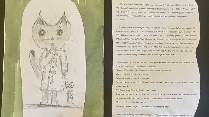 An illustration of a cat looking anxious and an extract of Maya's story about it