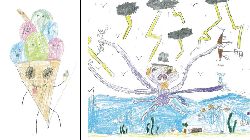 A drawing of an ice cream with scoops displaying different emotions, and a drawing of an octopus wearing a top hat, looking frustrated while facing thunderstorms, holding creatures in its tentacles