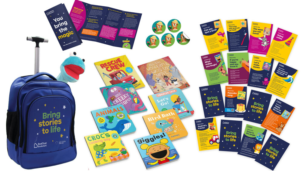 contents of the BookTrust Storyteller showing backpack, books, information guide and accessories