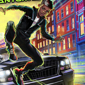 An illustration from the front cover of Jamaal Target: PHANTOM Agent - a child jumping in the air with a car behind him speeding through a city.