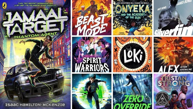 The front covers of Jamaal Target: Phantom Agent, Beast Mode, Onyeka and the Academy of the Sun, Silverfin, Spirit Warriors, Loki: A Bad God's Guide to Being Good, Alex Rider: Stormbreaker, 21% Monster, Zero Override, and Tristan Strong Punches a Hole in the Sky