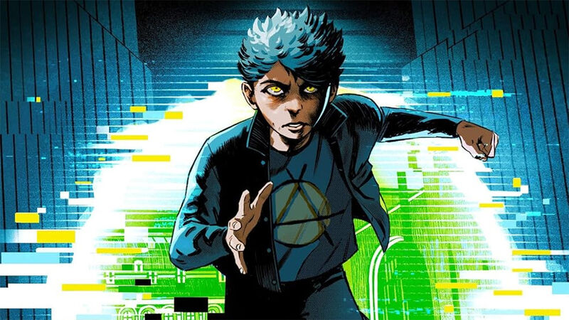 An illustration from the front cover of 21% Monster - a young person with blue hair and yellow eyes determinedly running forward, with computer graphic, pixel-style colours in the background