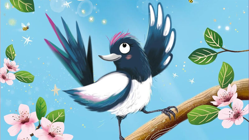 An illustration from the front cover of Magpie and the Sparkling Words - a magpie dancing on a branch surrounded by pretty flowers