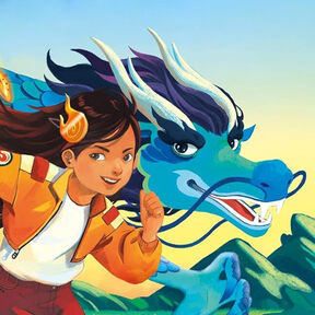An illustration of a smiling child and a smiling blue dragon racing past mountains from the front cover of Guardians of the New Moon: Ming and Miaow's Great Race