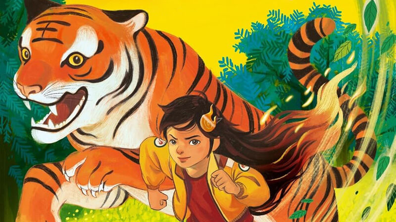 An illustration of a tiger and a determined child racing through foliage, from the front cover of Guardians of the New Moon: The Year of the Tiger
