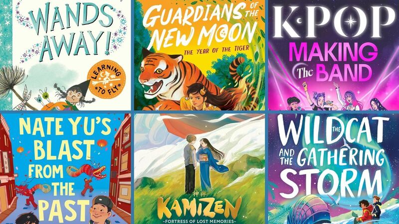 The front covers of Wands Away!, Guardians of the New Moon: The Year of the Tiger, K-Pop: Making the Band, Nate Yu's Blast from the Past, Kamizen: Fortress of Lost Memories, and Wildcat and the Gathering Storm