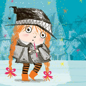 An illustration from the front cover of Wanda's Words Got Stuck - a young girl wearing a witch's outfit and looking nervous or unsure while standing on stage