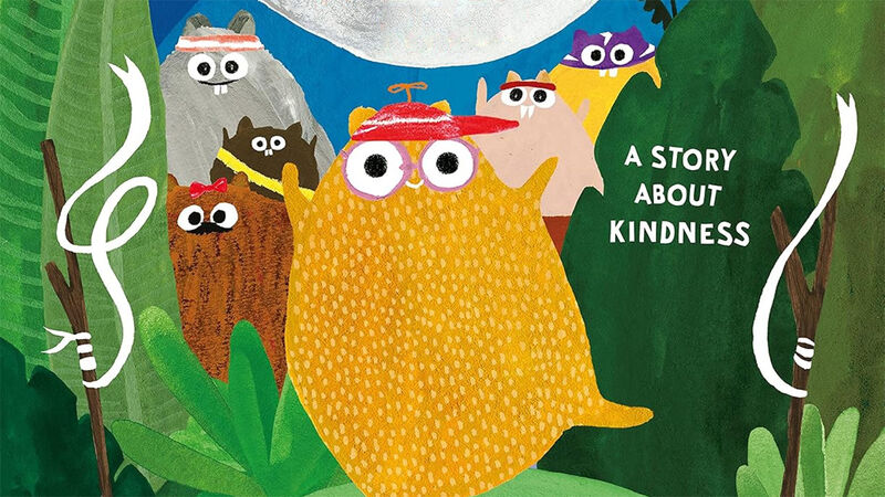 An illustration of hamsters smiling and wearing headbands, surrounded by trees and foliage with the moon above, an the words: "A story about kindness" next to them. It's from the front cover of Ned and the Great Garden Hamster Race.