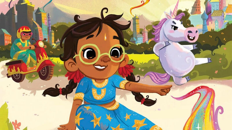 An illustration from the front cover of Super Uma - a girl wearing glasses smiling on a path, with a rainbow swirl in front of her, and a man on a motorbike and a unicorn behind her; it looks like a magical kingdom with towering buildings in the background