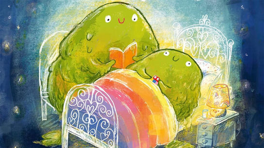 An illustration from the front cover of Sleep Tight Disgusting Blob - an adult monster reading a bedtime story to a child monster, who is tucked up in bed