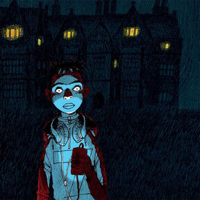 An illustration of a girl lit up in the dark by the blue glow of her phone, with a building behind her with light glowing through some of the windows