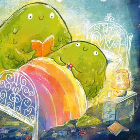 An illustration from the front cover of Sleep Tight Disgusting Blob - an adult monster reading a bedtime story to a child monster in bed