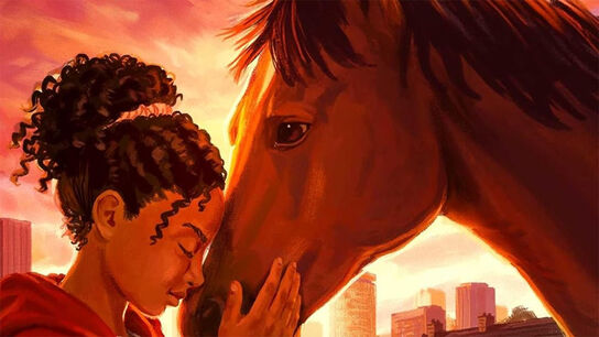 An illustration from the front cover of Helping Hero by Nicci Johnson - a young girl cuddling up to a horse, rubbing noses
