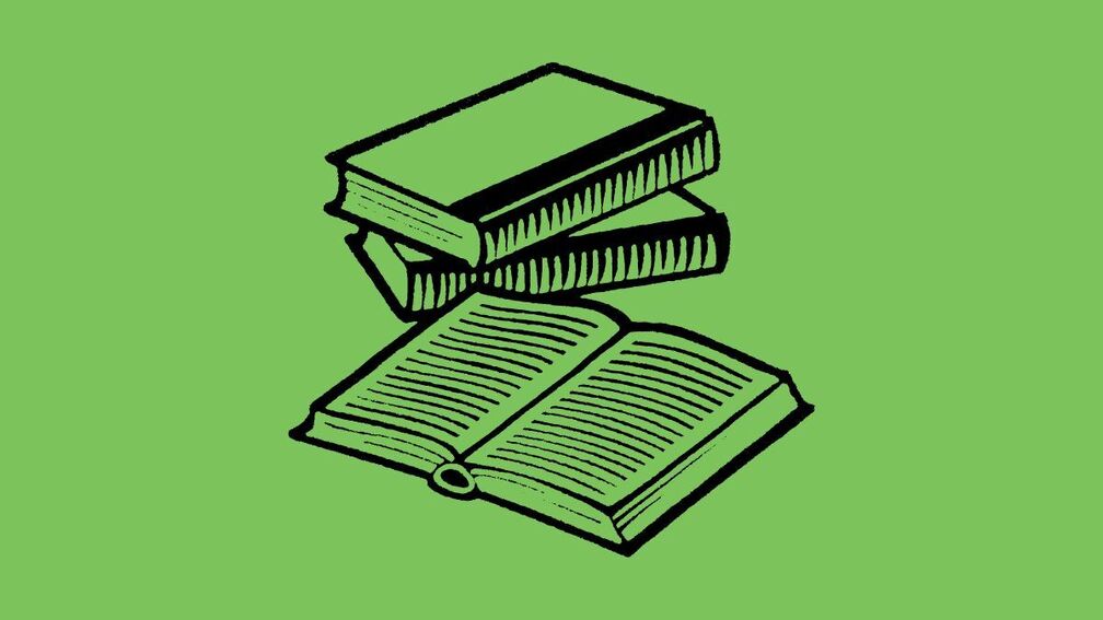 An illustration of an open book and a pile of books