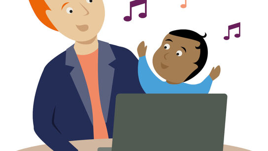 An illustration showing a parent and small child in front of a laptop, while musical notes are in the air around them.