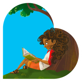 An illustration of a young girl sat against a tree reading a book