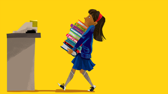An illustration of a young girl carrying a large pile of books