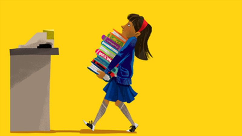 An illustration of a young girl carrying a large pile of books