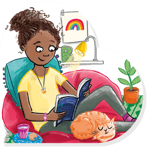 An illustration of a girl reading a boom indoors with her cat by her side