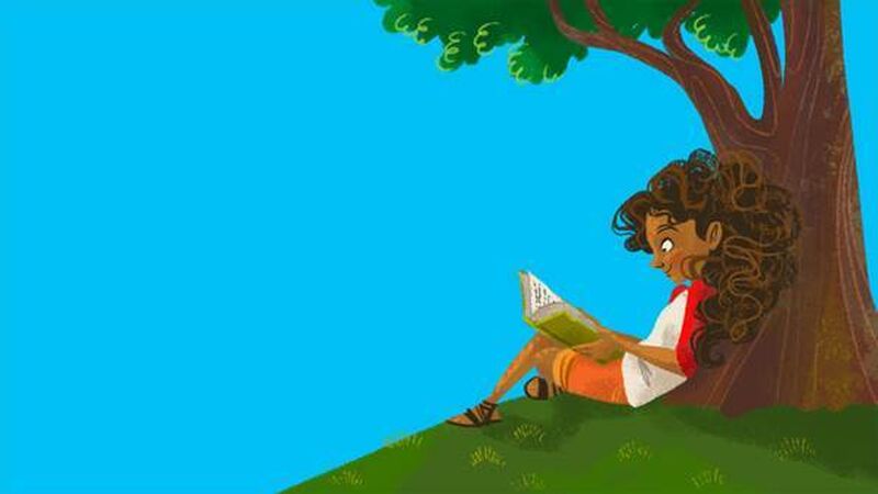 An illustration of a girl reading a book leaning against a tree