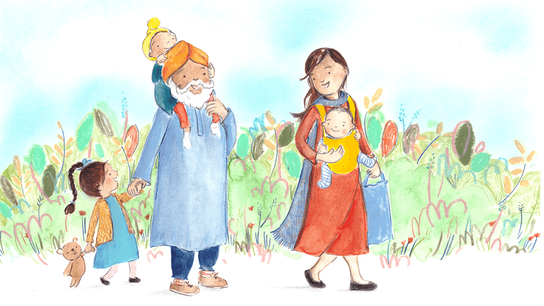 An illustration of a family and some friends on a walk together outside