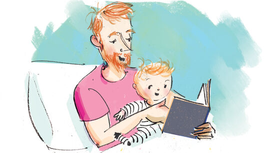 A whimsical illustration of a man reading to a happy baby in bed