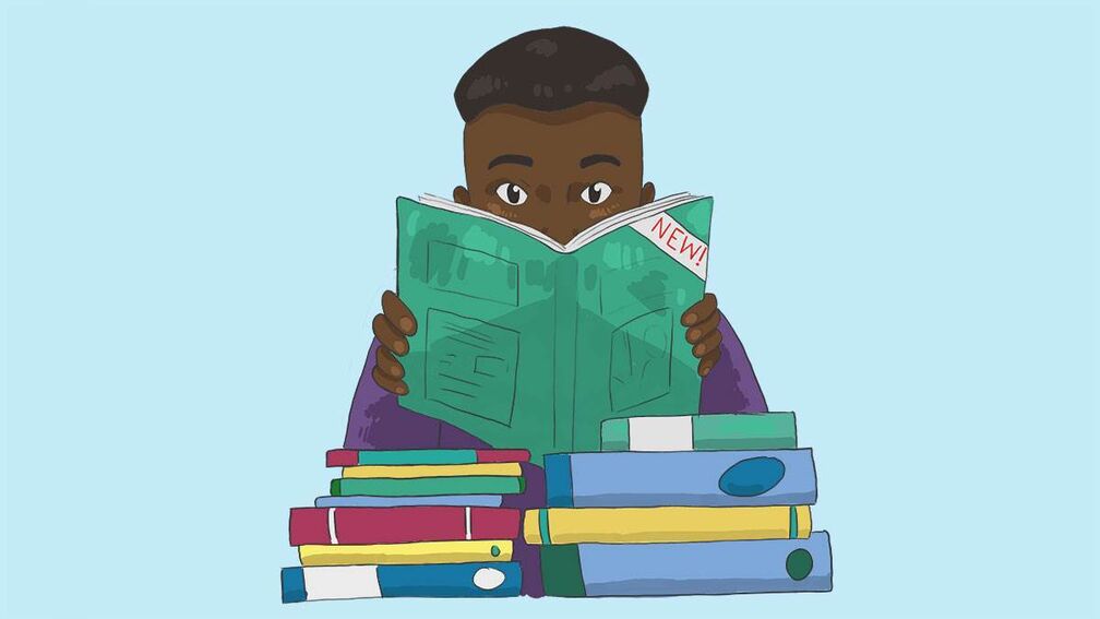 An illustration of a young person reading a book