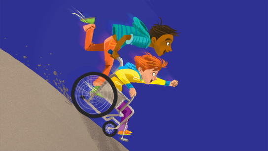 Two young people rushing down a hill. One of them is helping the other with a wheelchair.