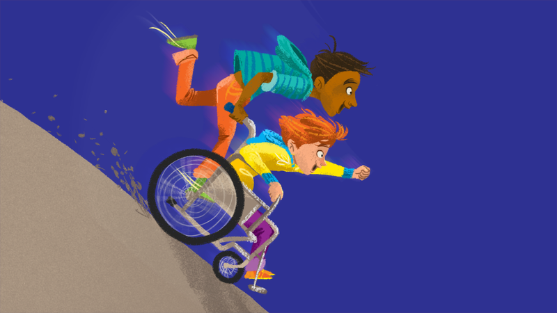 Two young people rushing down a hill. One of them is helping the other with a wheelchair.