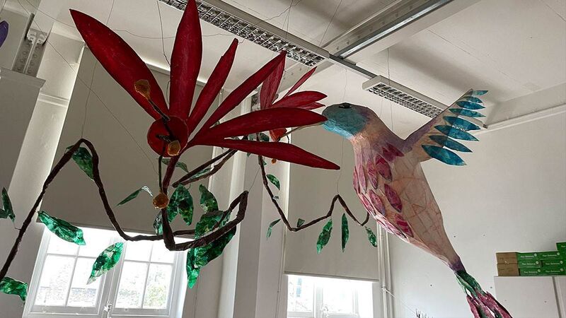 Library artwork inspired by Rainbow Bird by Eric Maddern. Described by Assistant head Andy Young