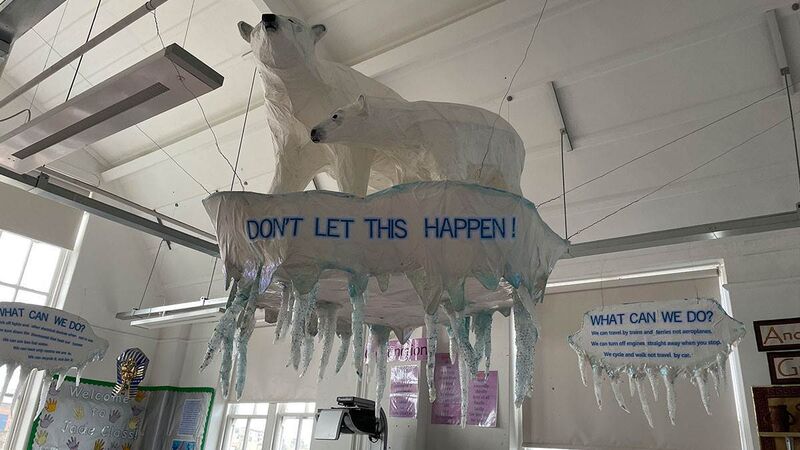 Library artwork inspired by What is Climate Change? by Gail Herman. Described by assistant head Andy Young